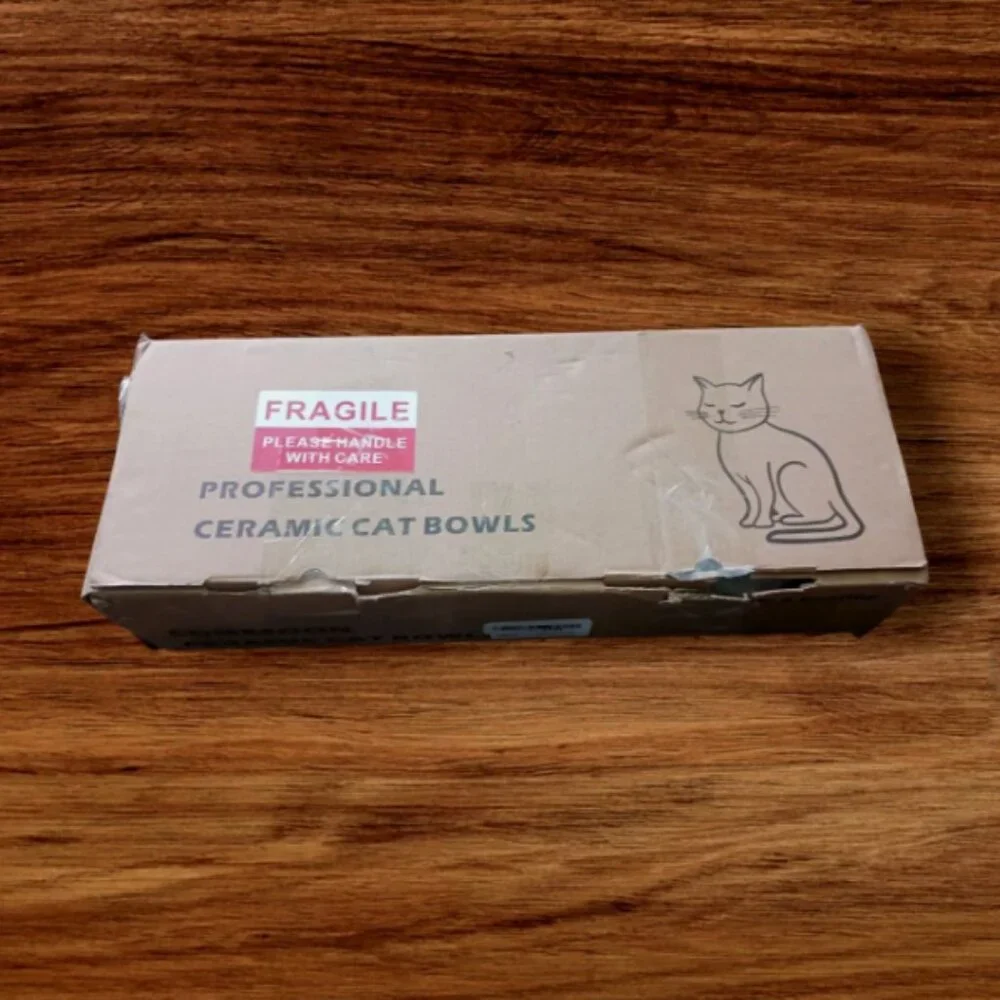 Comesoon ceramic cat Bowls Set of 2 Food/Water / Black & white with wood Holder